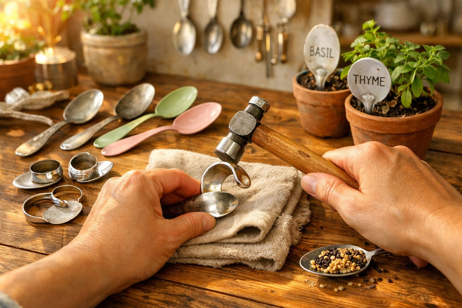 Mãos moldando colher de metal com martelo numa mesa de madeira, plantas aromáticas ao fundo.
