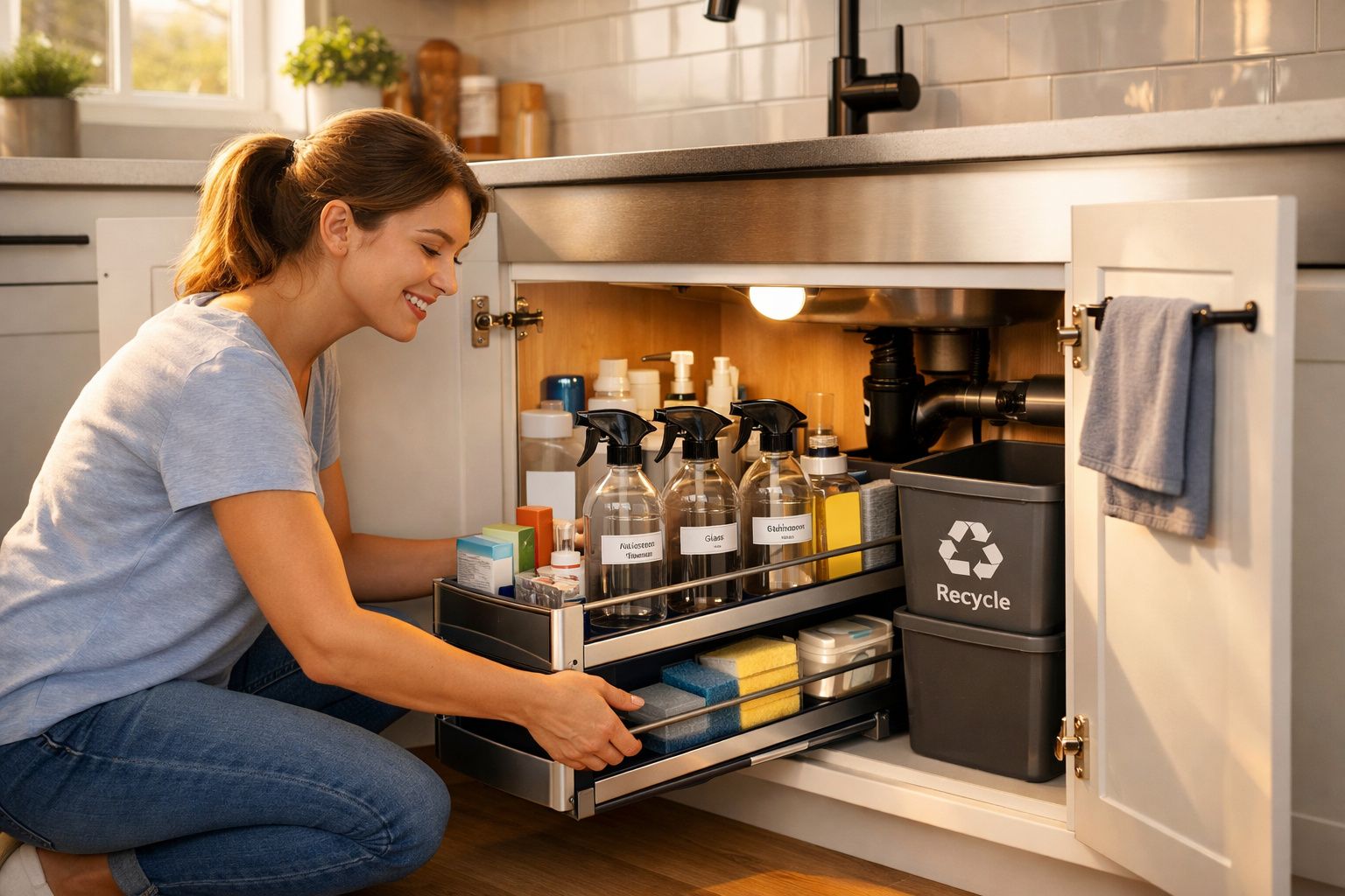 Mulher organiza produtos e esponjas de limpeza em prateleiras deslizantes dentro do armário da cozinha.