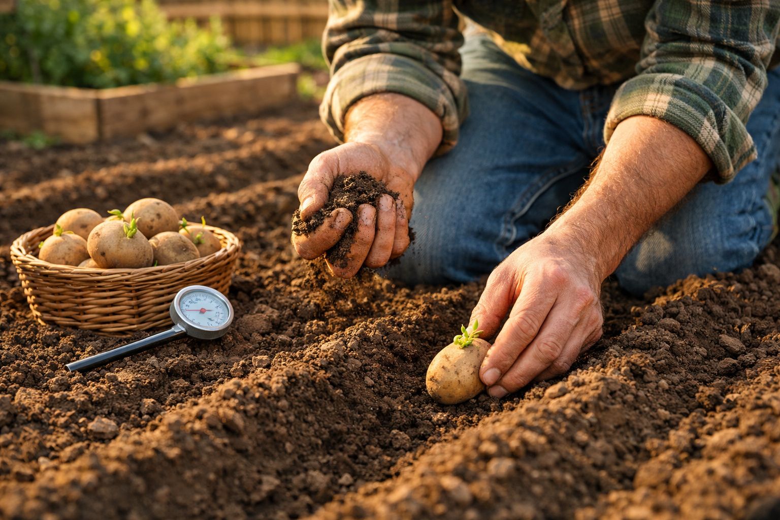 Homem a plantar batatas germinadas em solo agrícola com cesta e termómetro no chão.