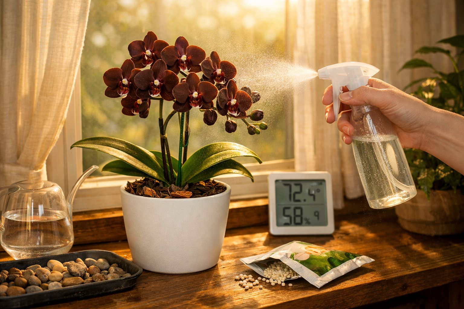 Orquídea roxa em vaso branca a ser pulverizada com água numa sala iluminada por luz natural junto a janela.