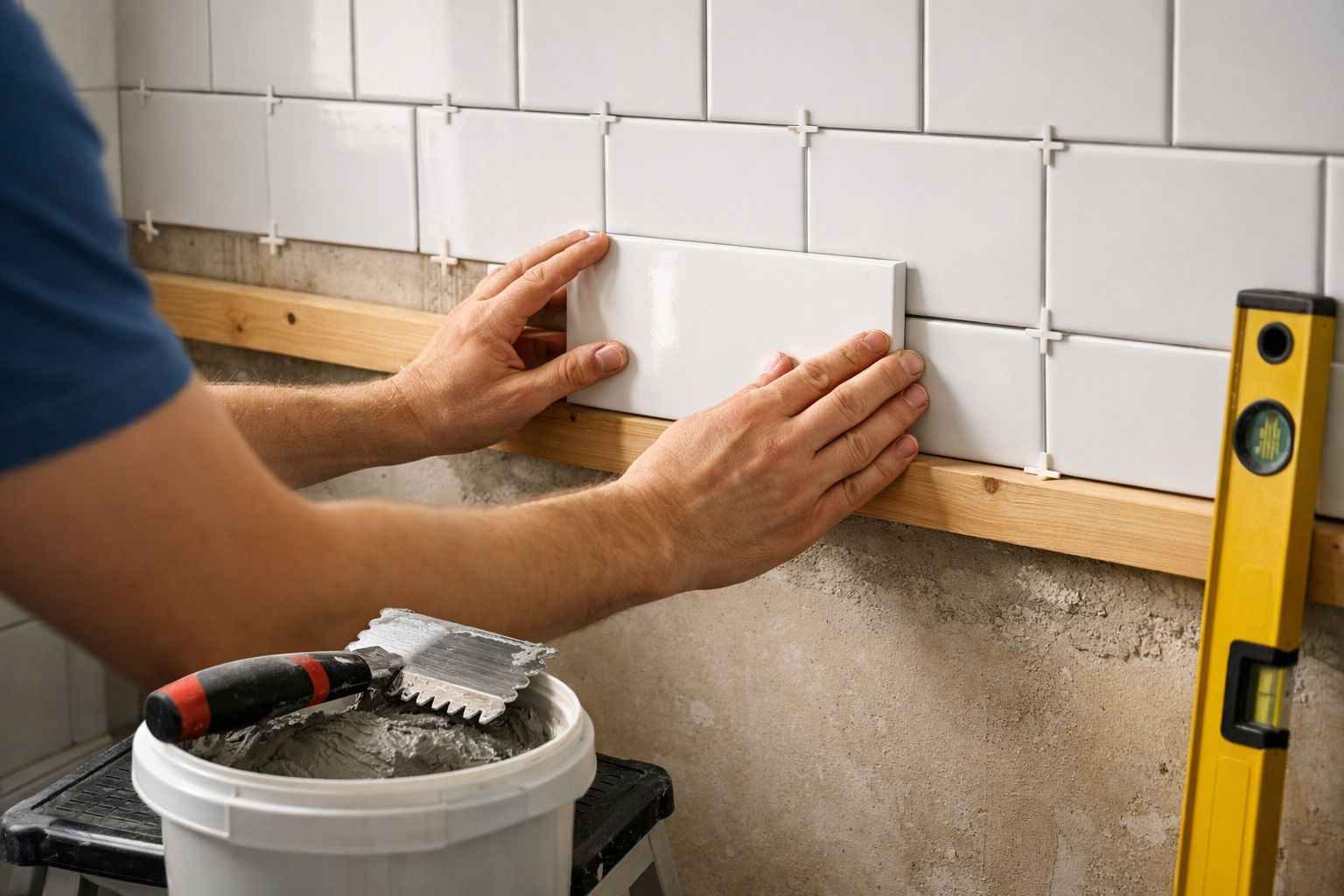 Pessoa a instalar azulejos brancos numa parede, com ferramentas e material de construção visíveis.