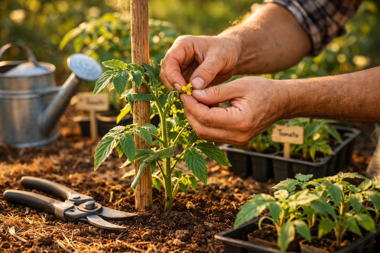 Mãos a polinizar manualmente a flor de uma planta de tomate num jardim com terra e ferramentas.