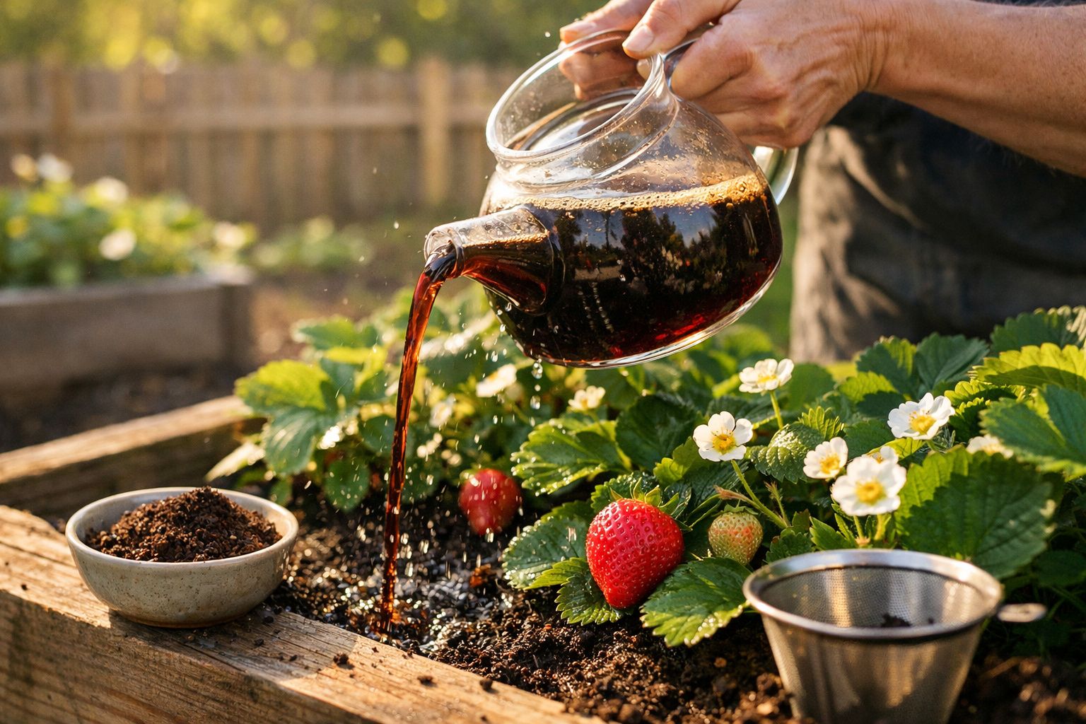 Pessoa a regar plantas de morango com água numa jarra de vidro num canteiro de madeira.