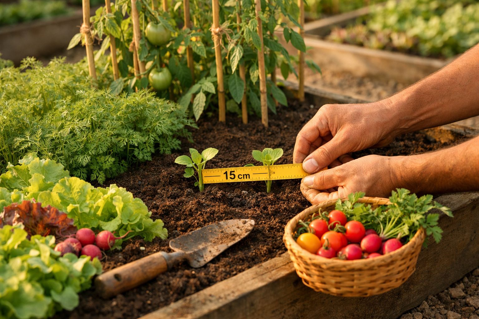 Mãos a medir o crescimento de plantas numa horta com legumes frescos e uma cesta com vegetais ao lado.