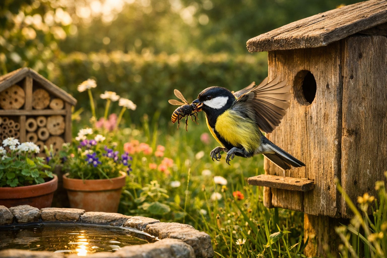 Pássaro entra em ninho de madeira segurando uma vespa no bico, com flores e plantas ao fundo num jardim.