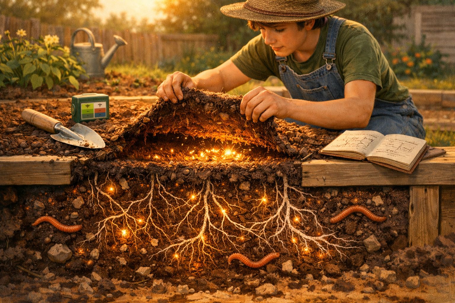 Rapaz a levantar terra num canteiro, revelando raízes luminosas e minhocas no solo fértil ao pôr do sol.