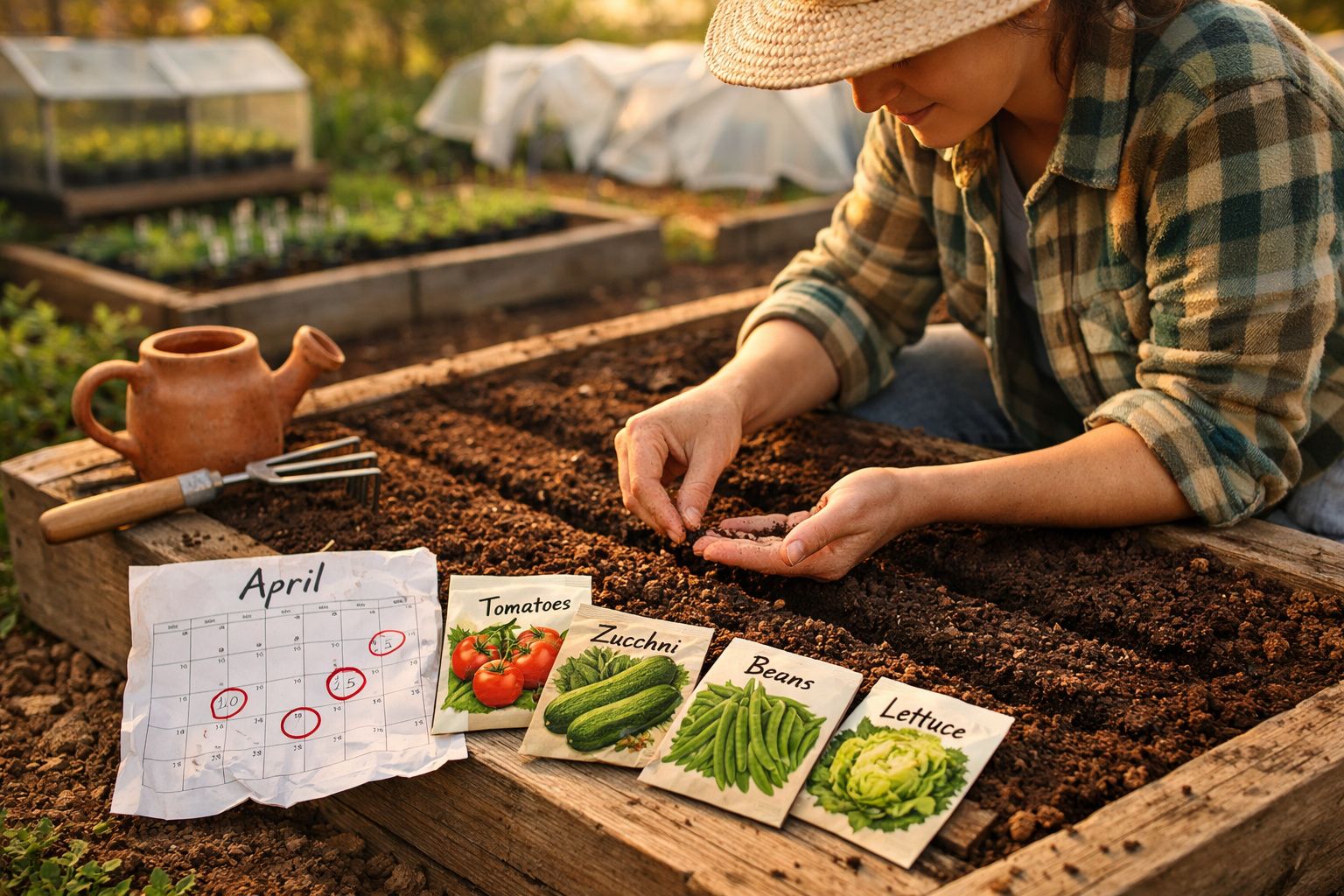 Pessoa a plantar sementes em canteiro com pacotes de sementes e calendário marcado em abril.