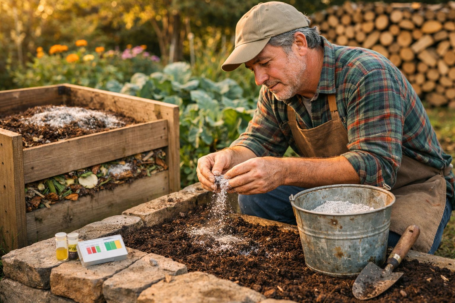 Homem a aplicar fertilizante no solo de uma horta junto a compostor e utensílios de jardinagem.