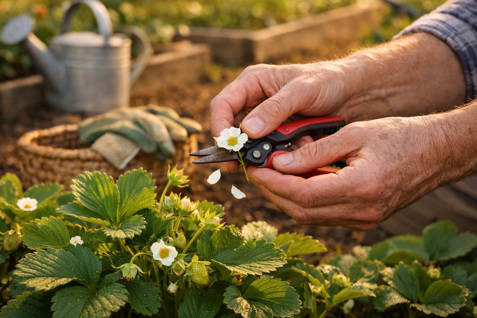 Mãos a podar flores de morangueiro num jardim com luvas e regador ao fundo.