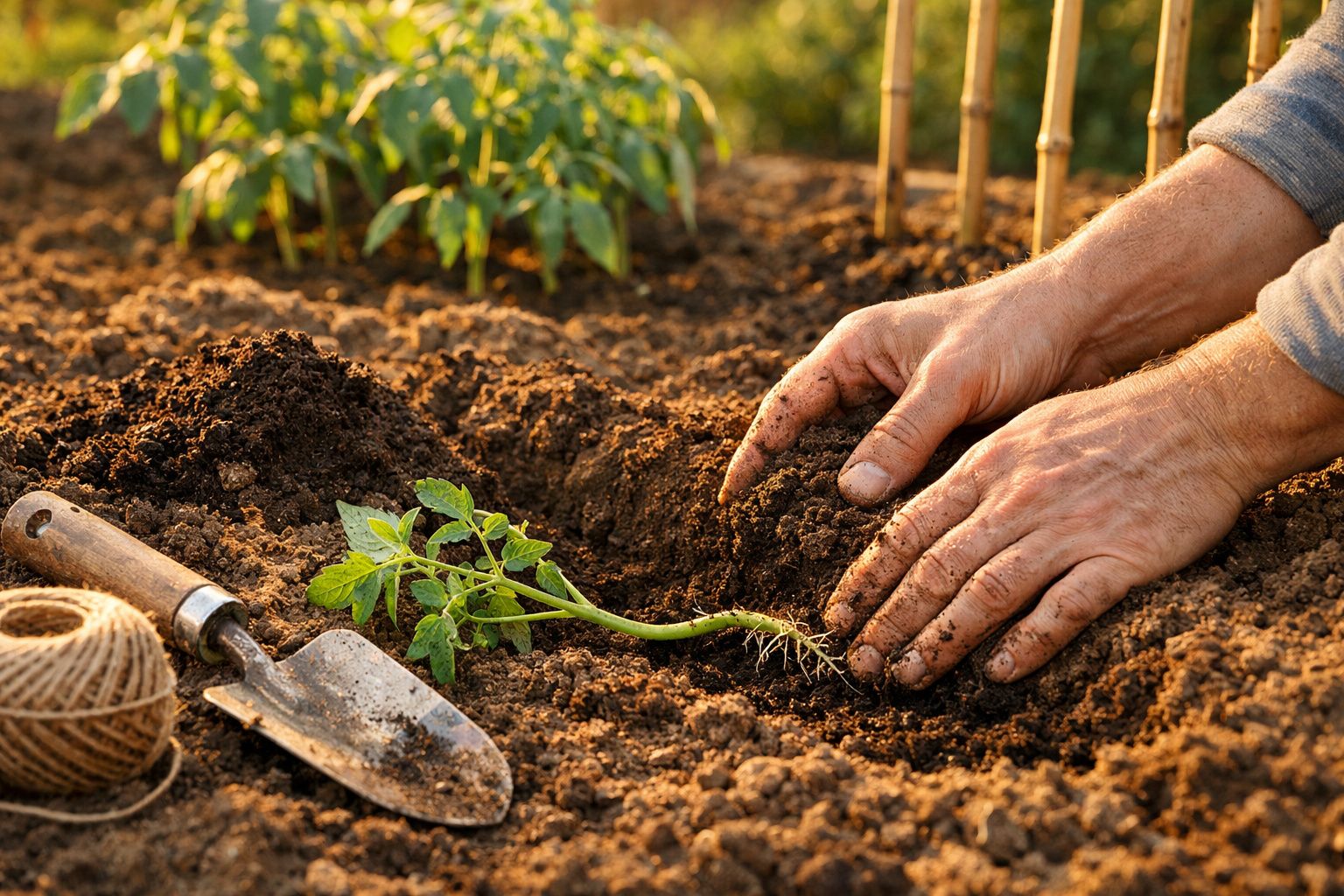 Mãos a plantar muda de tomateira na terra com enxada e fio de corda ao lado.