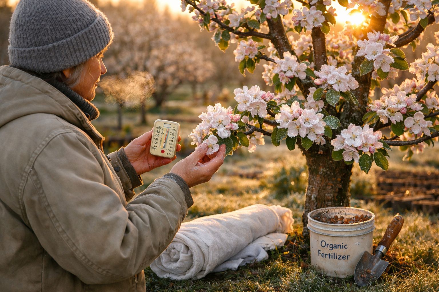 Pessoa com roupa quente verifica temperatura junto a árvore florida com geada matinal e fertilizante orgânico.