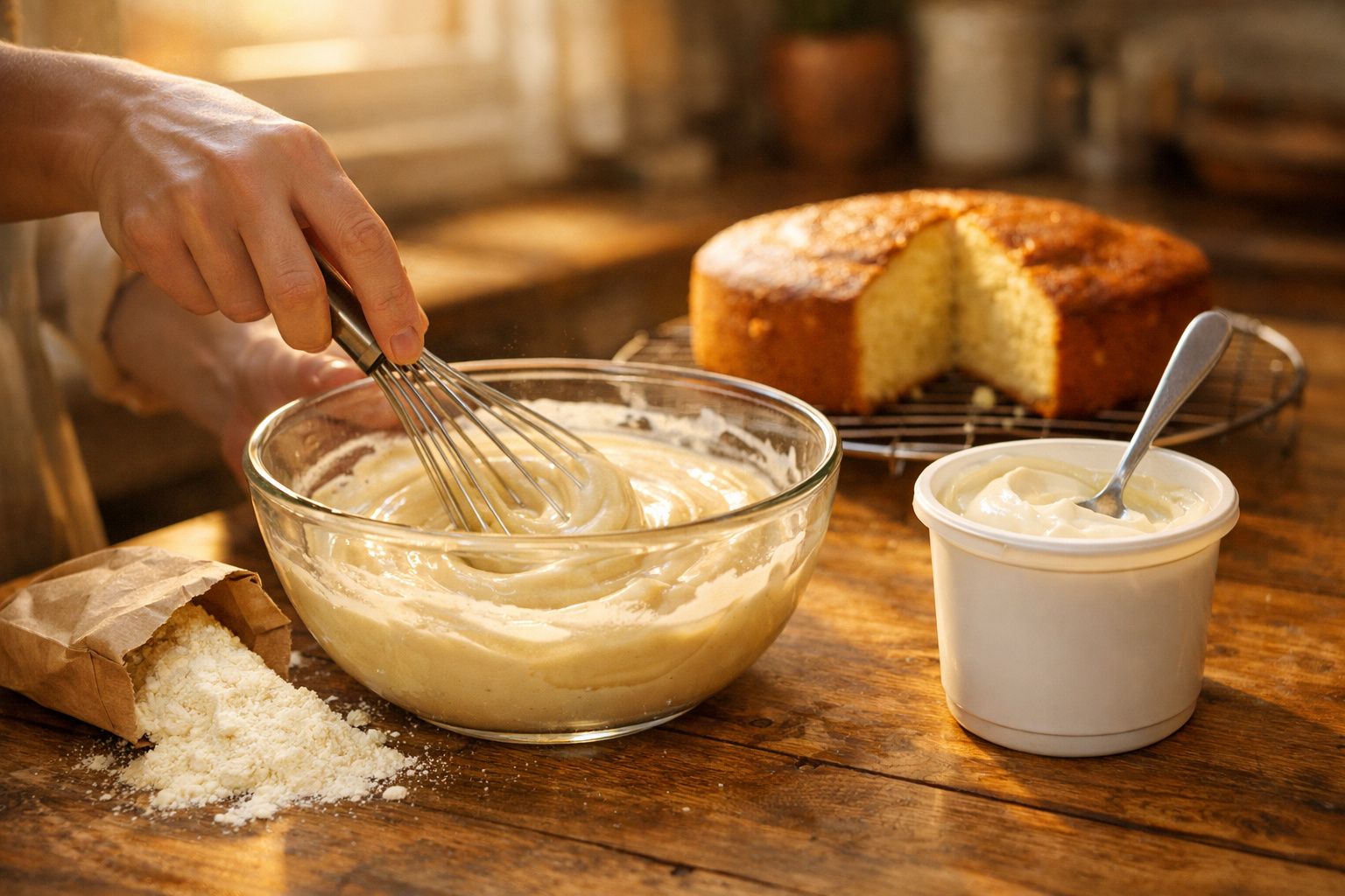 Pessoa a mexer massa para bolo numa taça de vidro, com bolo fofo e ingredientes numa mesa de madeira.