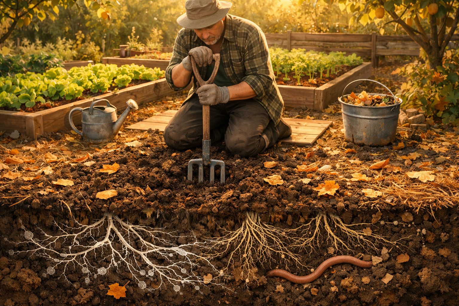 Homem a jardinar com enxada, mostrando raízes das plantas e minhoca no solo.
