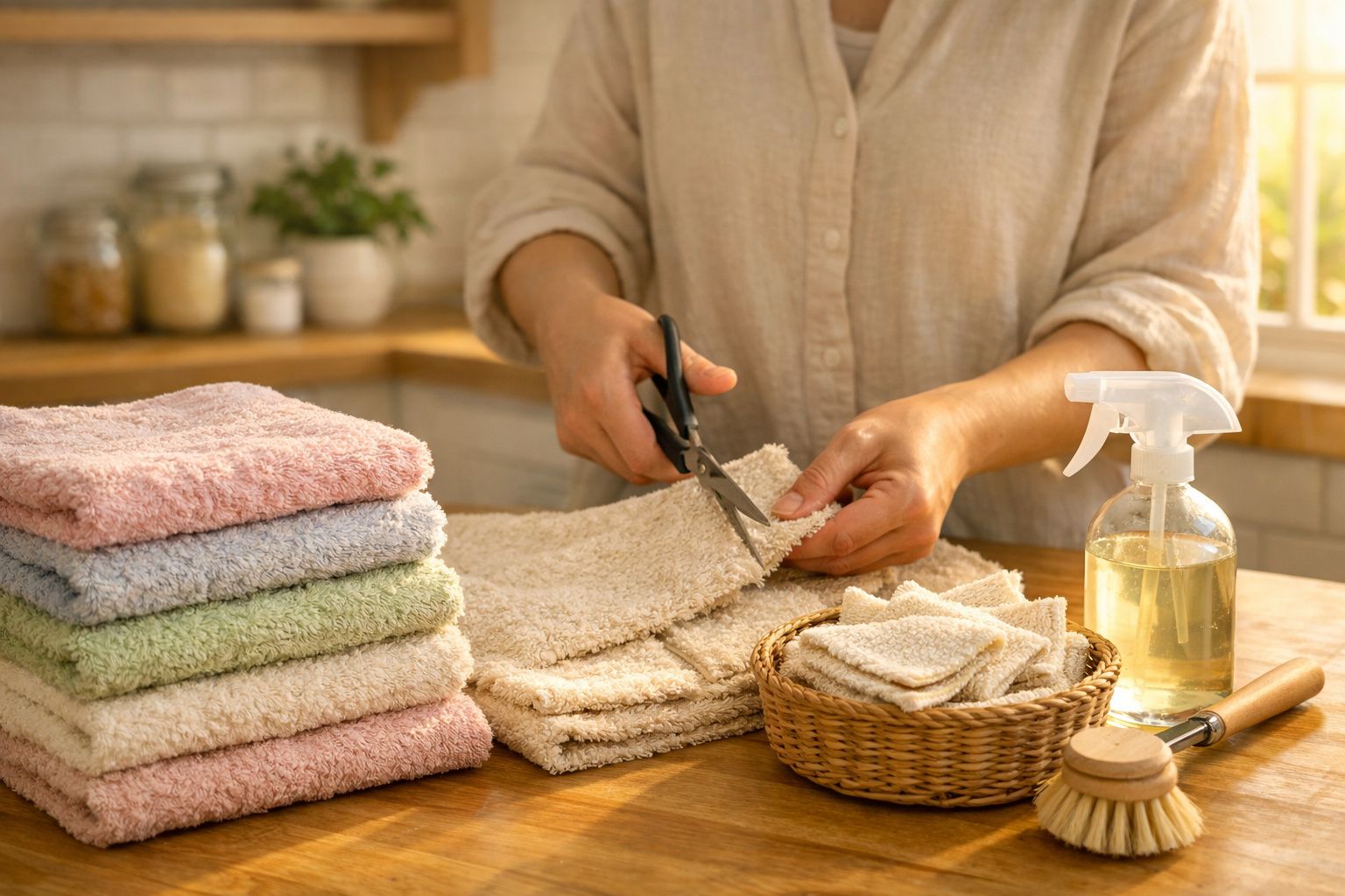 Pessoa a cortar tecido felpudo à tesoura, ao lado de toalhas dobradas e produtos de limpeza numa bancada de madeira.
