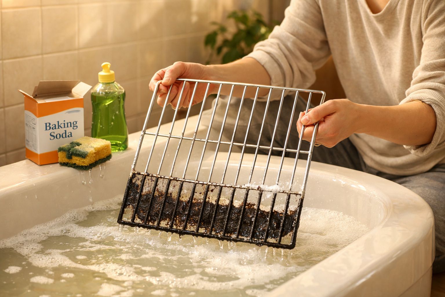 Pessoa a lavar uma grelha suja numa banheira com bicarbonato, detergente e esponja ao lado.