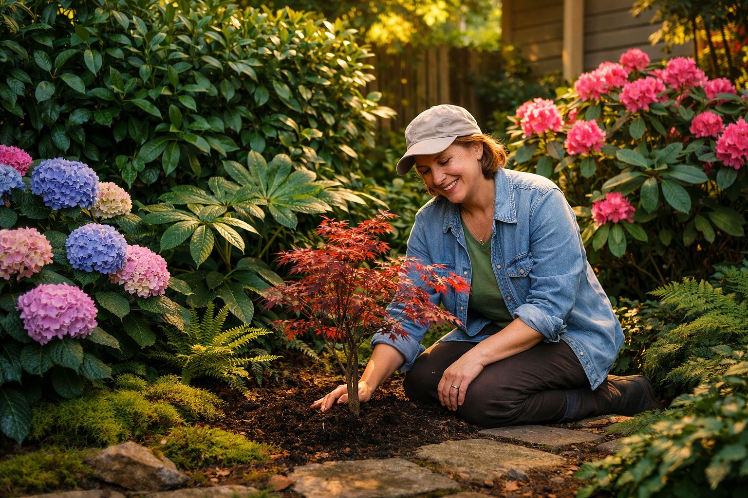 Mulher sorridente a plantar uma pequena árvore num jardim com flores coloridas ao redor.