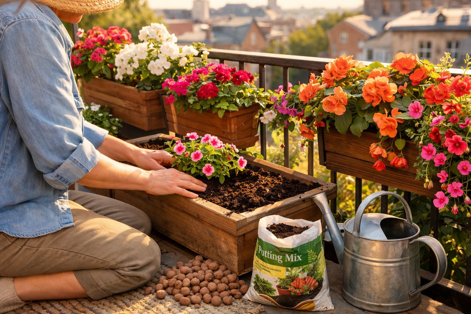 Pessoa a plantar flores coloridas numa varanda com regador e terra numa sacada ensolarada.