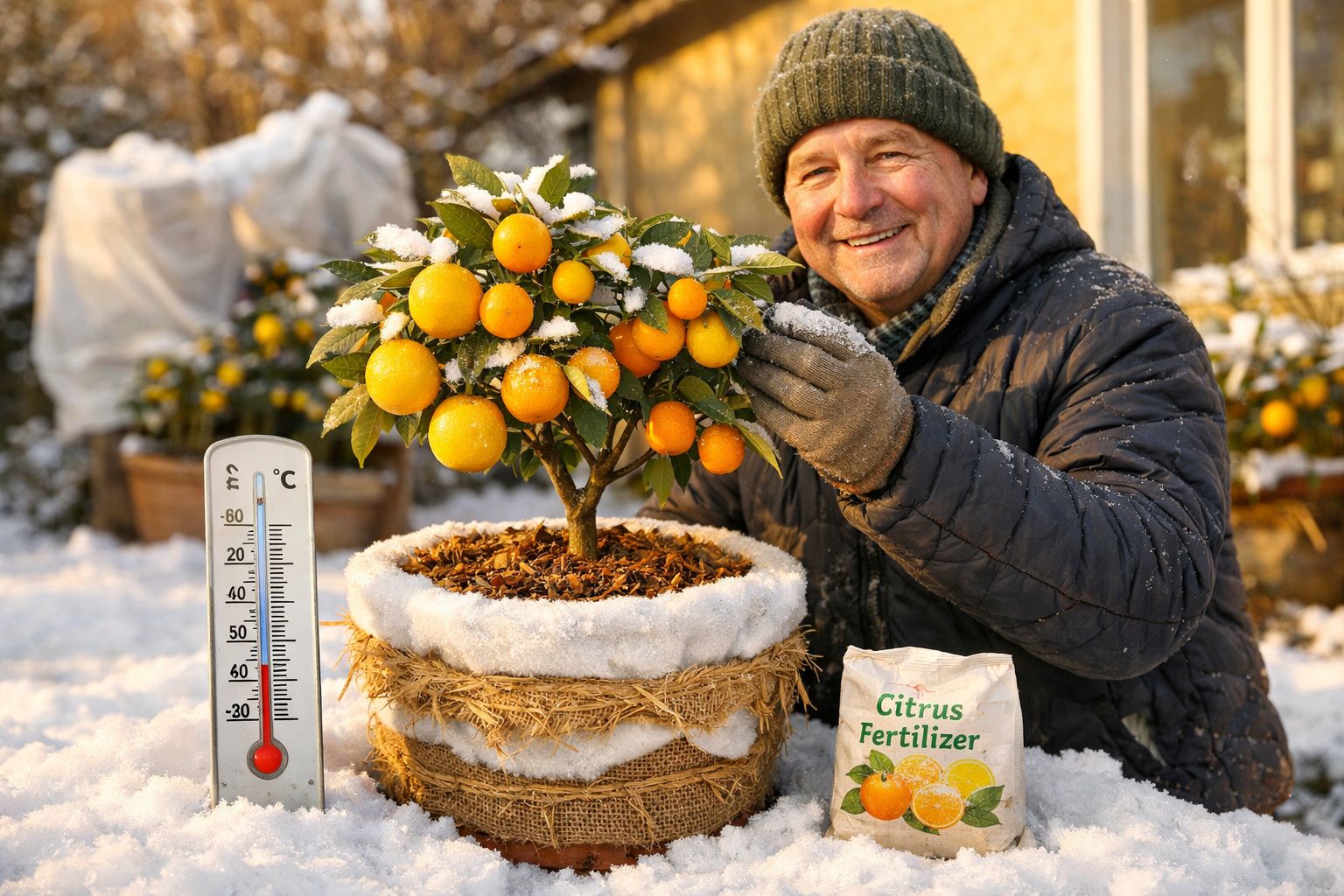 Homem sorri ao cuidar de laranjeira em vaso coberto de neve, ao lado de termómetro e fertilizante.