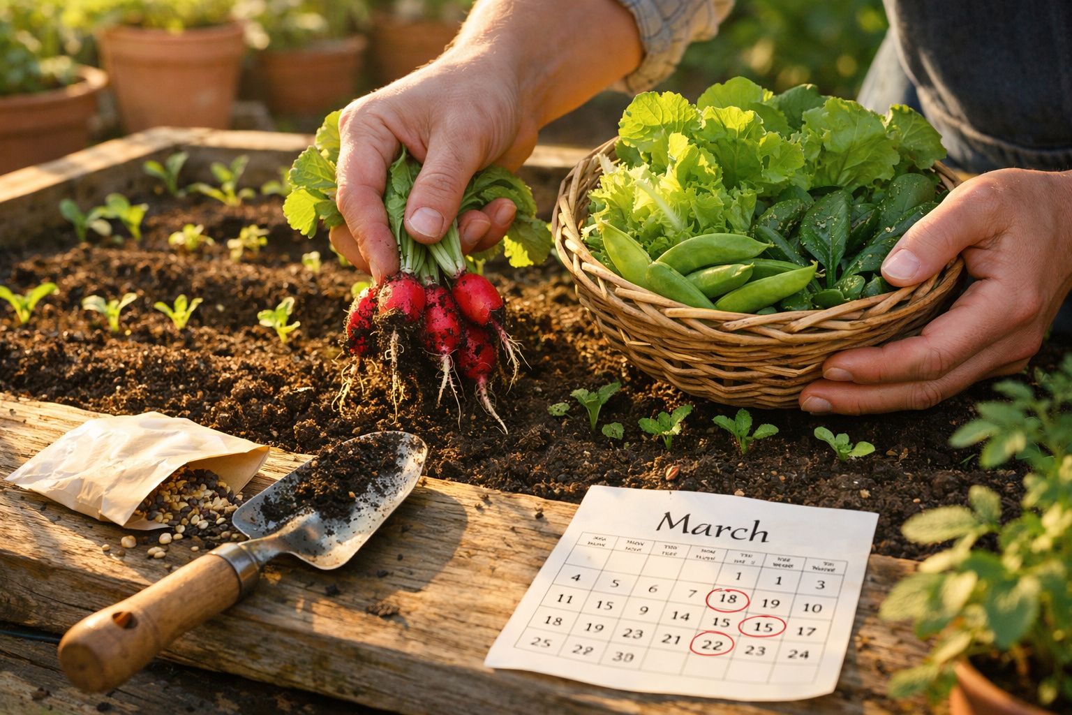 Pessoa a colher rabanetes frescos numa horta com cesto de legumes e calendário de março ao lado.