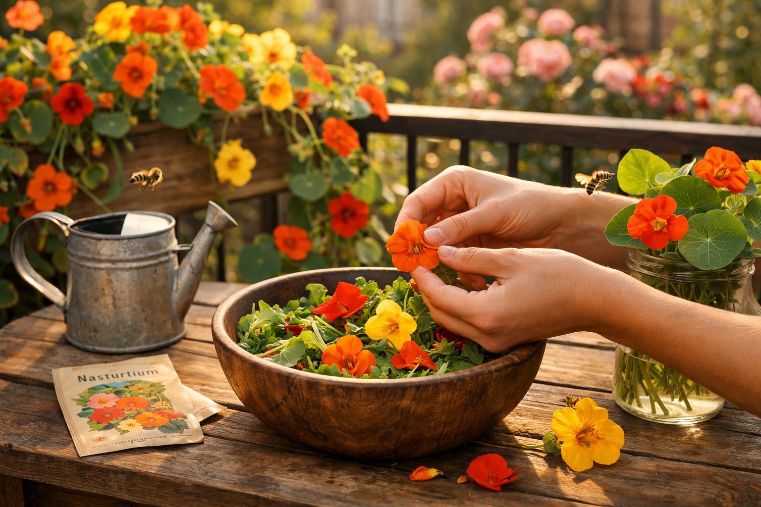 Mãos a preparar salada com flores comestíveis laranja e amarelas numa mesa de madeira ao ar livre.