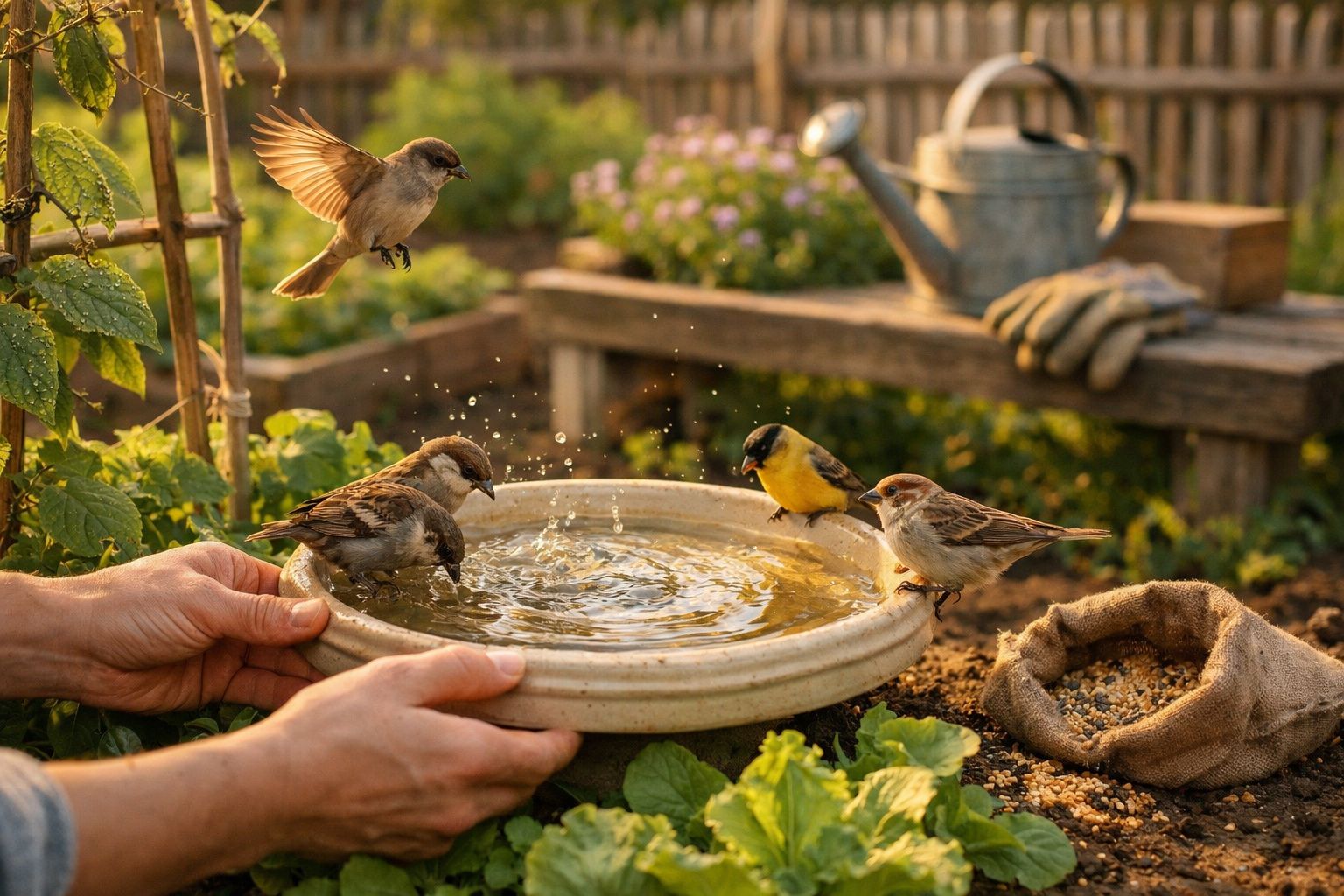 Mãos a segurar uma tigela com água onde quatro pequenos pássaros bebem e mergulham num jardim sob luz dourada.