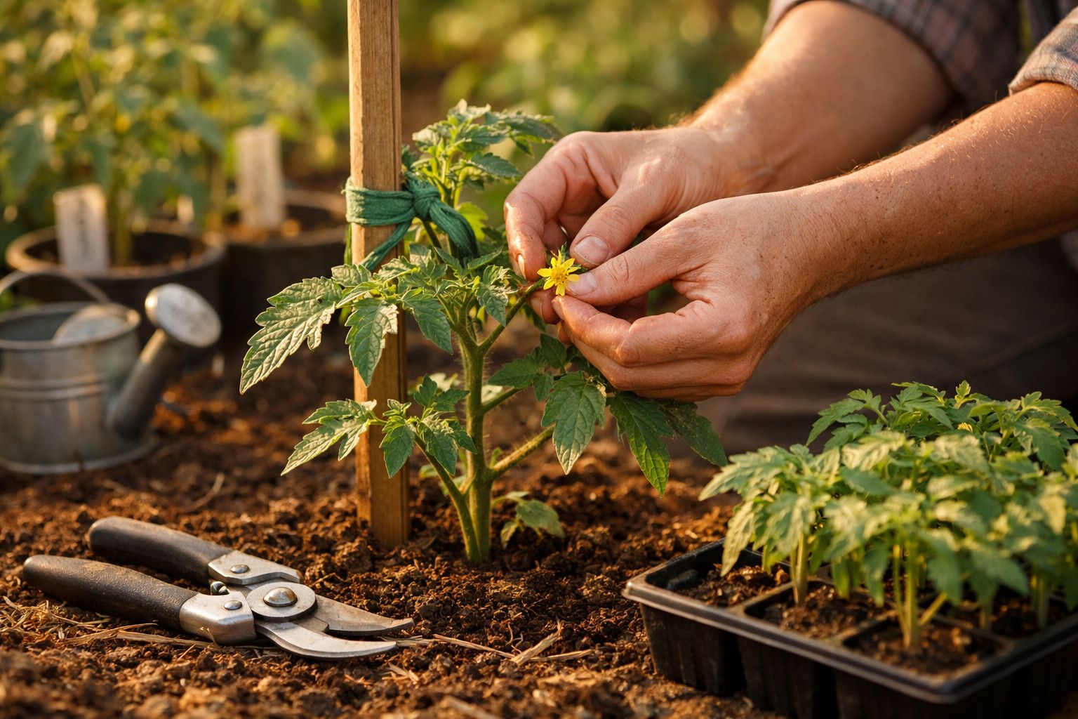 Mãos a cuidar de uma planta de tomate com flor amarela em jardim, ao lado de tesoura de poda e regador.