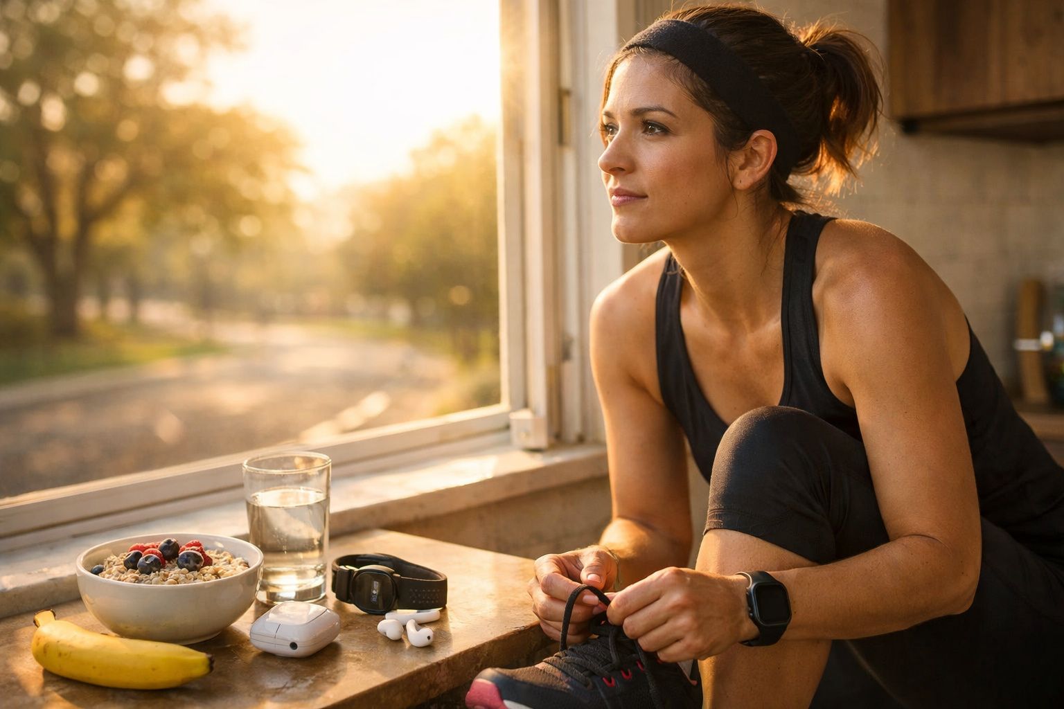 Mulher em roupa de desporto a amarrar os atacadores, com pequeno-almoço e auriculares ao lado, junto à janela.