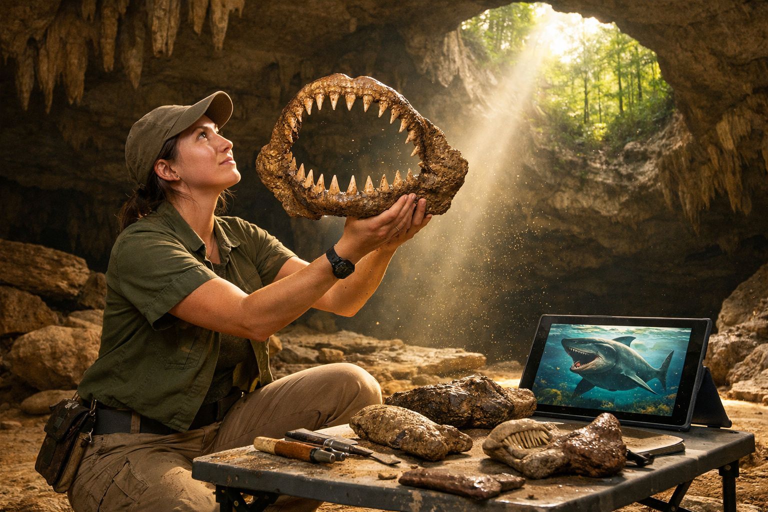 Mulher exploradora segura mandíbula fossilizada de tubarão dentro de caverna com luz natural e objetos arqueológicos.