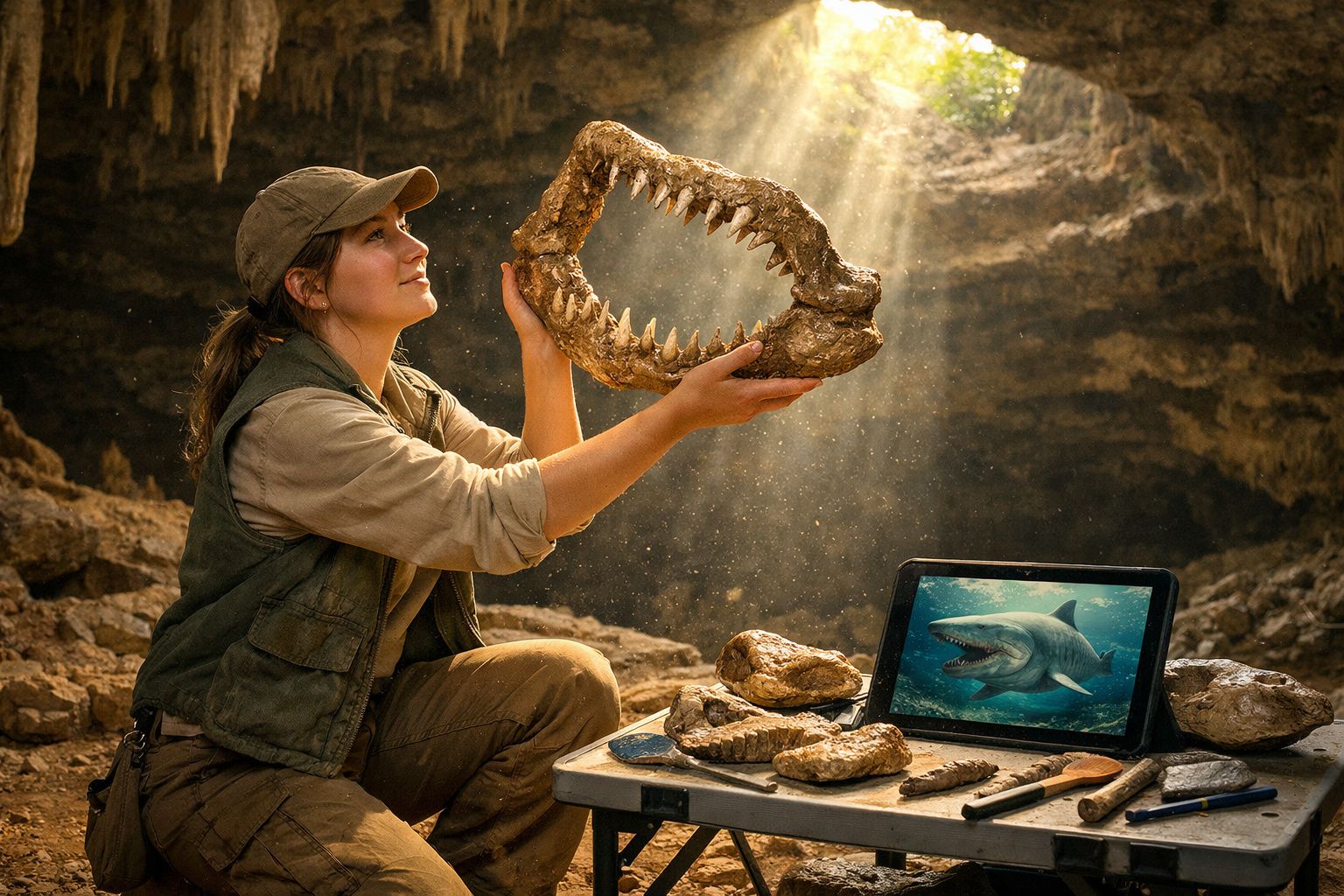 Investigadora segura mandíbula fóssil de tubarão dentro de caverna com luz solar e tablet ao lado.