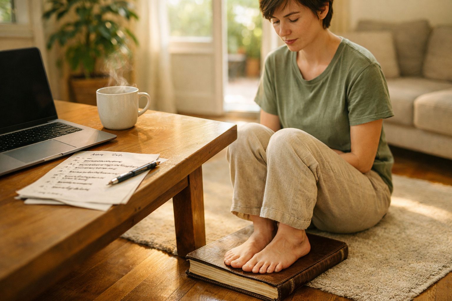 Mulher sentada no chão a esfregar os pés descalços num livro grande, perto de mesa com computador e lista.