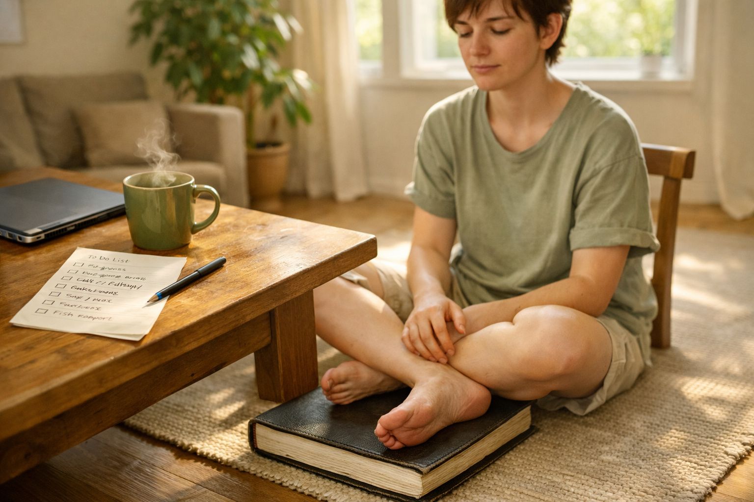 Pessoa sentada no chão junto a uma mesa de madeira com lista de tarefas, caneca de chá e portátil ao lado.