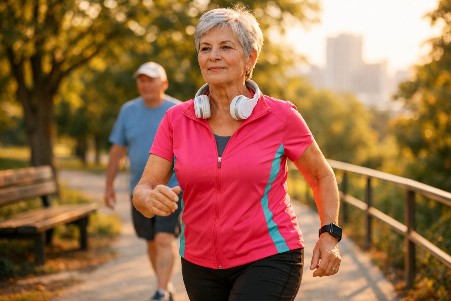 Mulher sénior a caminhar na rua com auscultadores brancos ao pescoço e homem ao fundo.