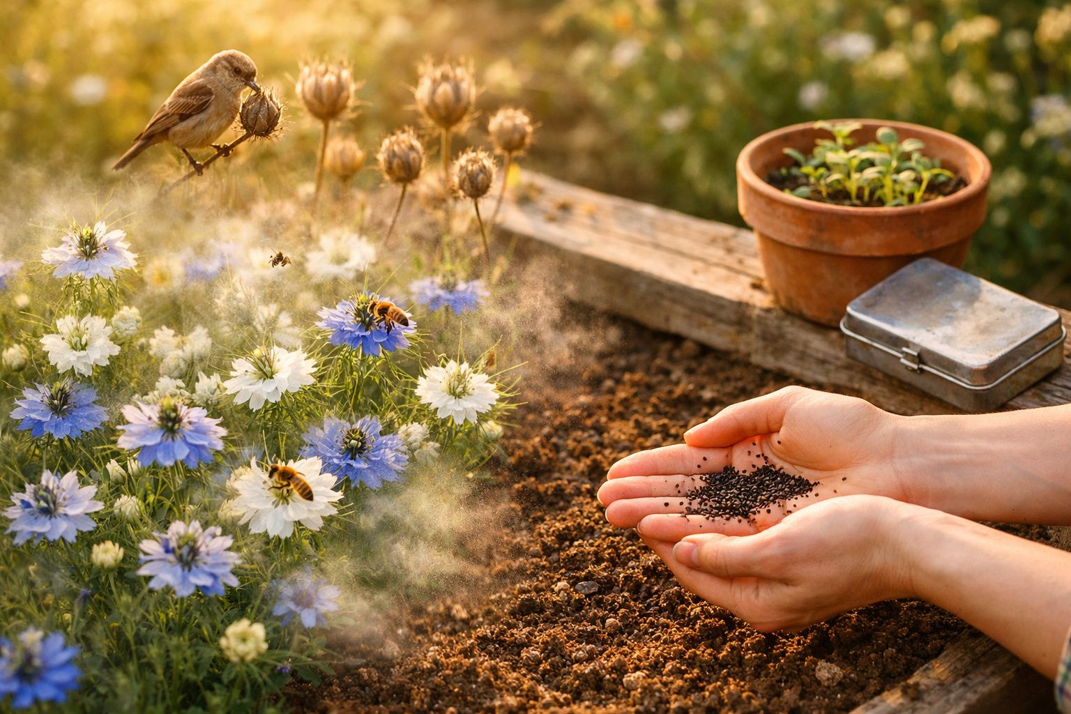 Mãos a semear sementes pretas em terra, com flores azuis e brancas, abelhas e passarinho ao lado.