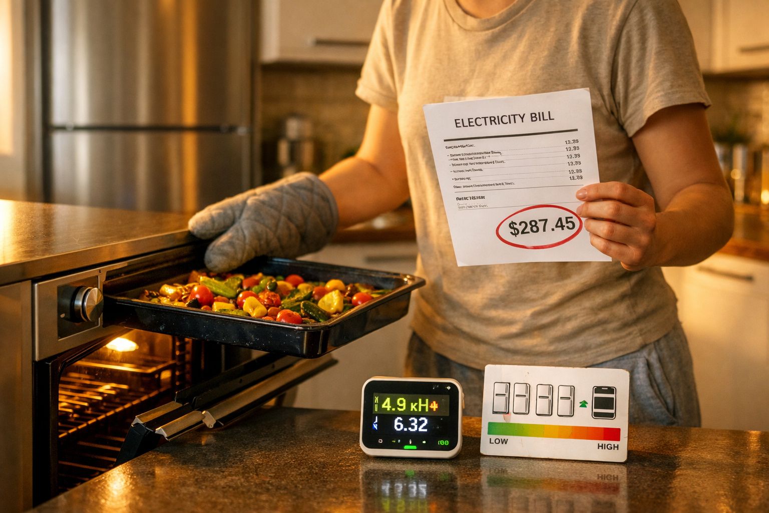 Pessoa a retirar tabuleiro de legumes do forno com conta de eletricidade alta e medidores de consumo energético.