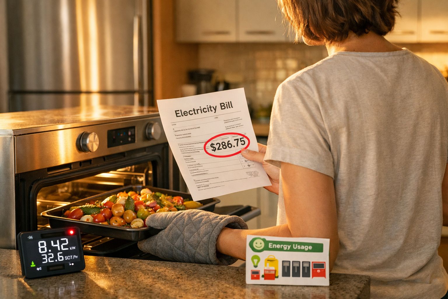 Pessoa a tirar legumes assados do forno, segurando conta de eletricidade com custo destacado.