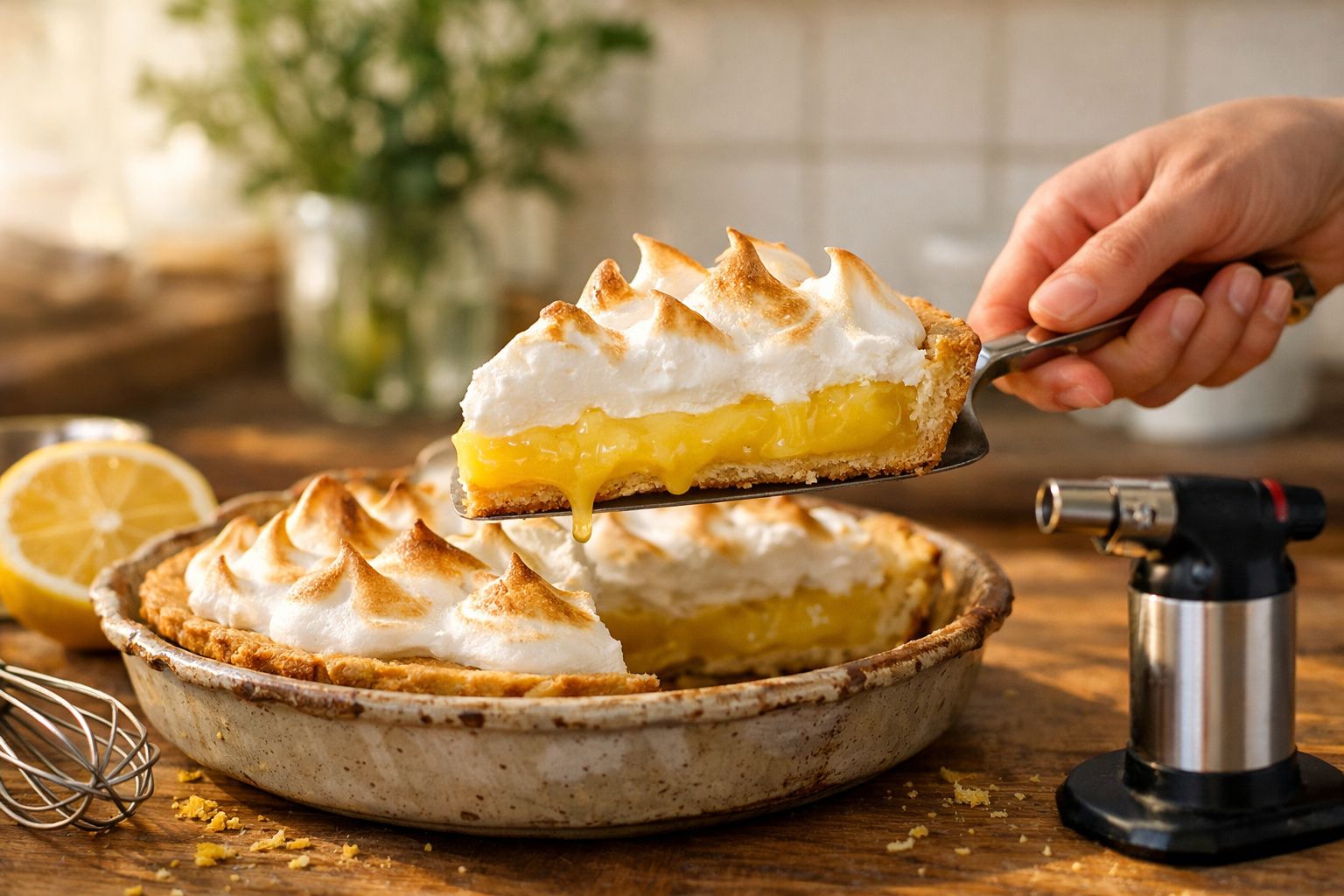 Fatia de torta de limão com merengue dourado a ser levantada de uma forma de cerâmica.