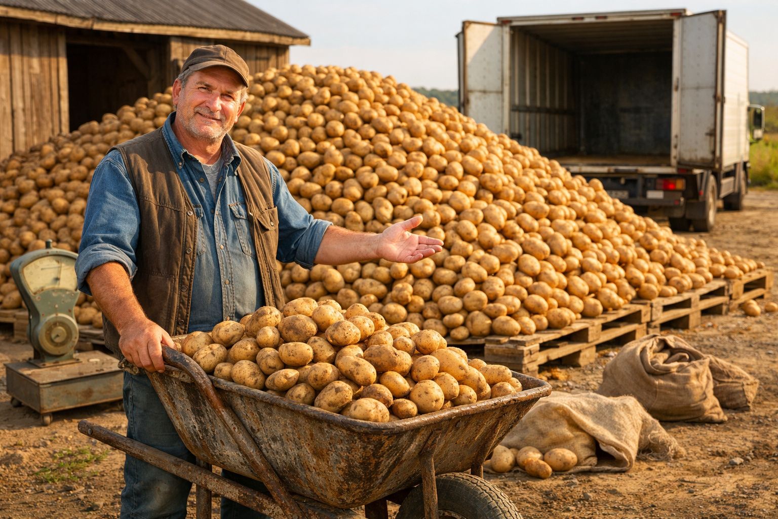 Agricultor mostra batatas colhidas numa carriola, com pilhas de batatas e camião ao fundo, num campo.