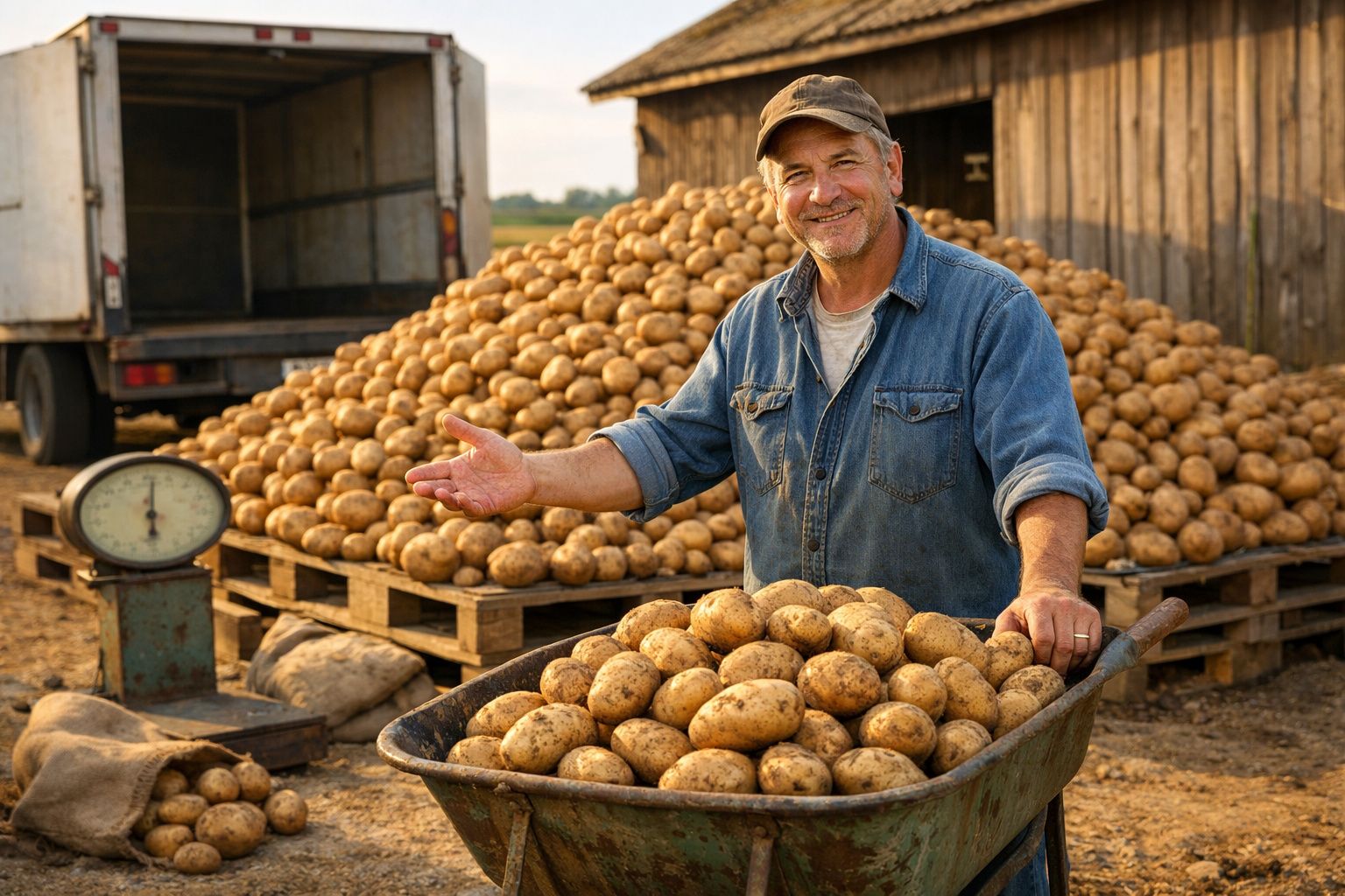 Agricultor sorridente com boné e camisola azul junto a carrinho de mão cheio de batatas num campo.
