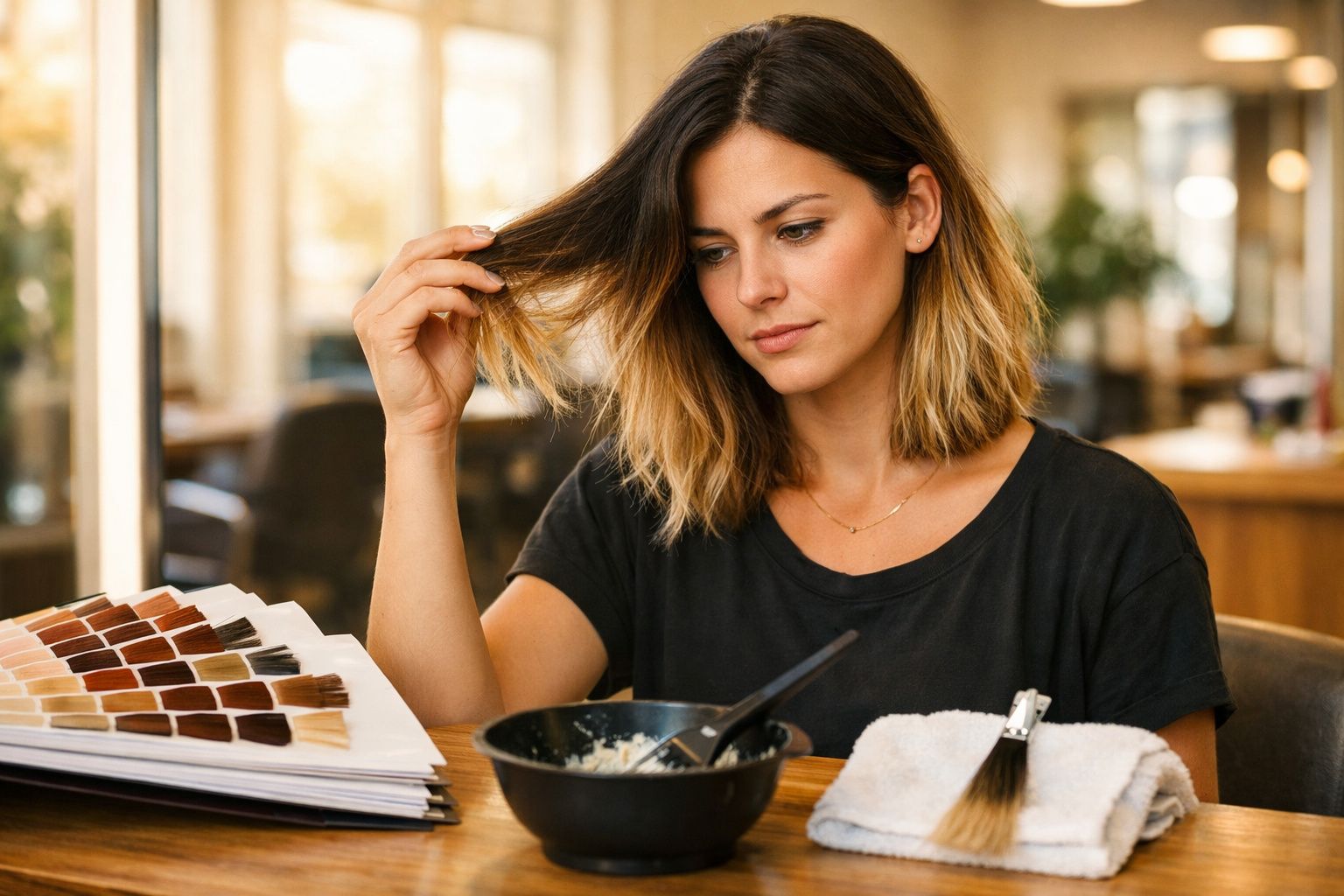 Mulher a analisar amostras de cores de cabelo enquanto segura o cabelo, sentada à mesa com utensílios de coloração.