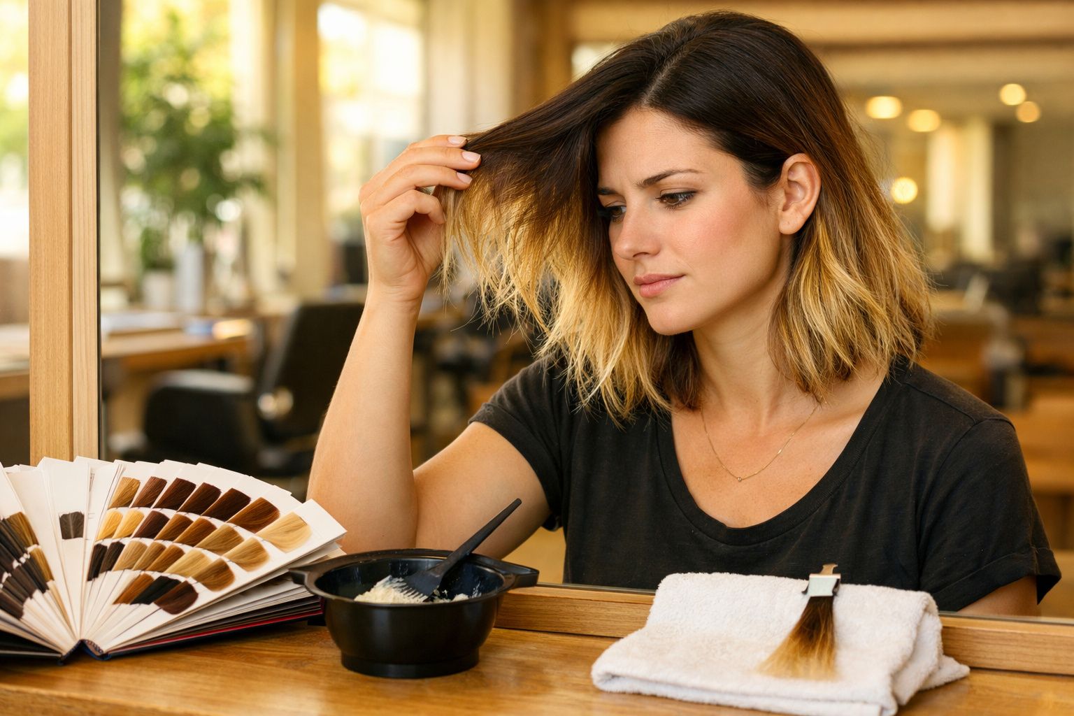 Mulher num salão de cabeleireiro escolhe cor para pintar cabelo loiro em amostras de tintura.