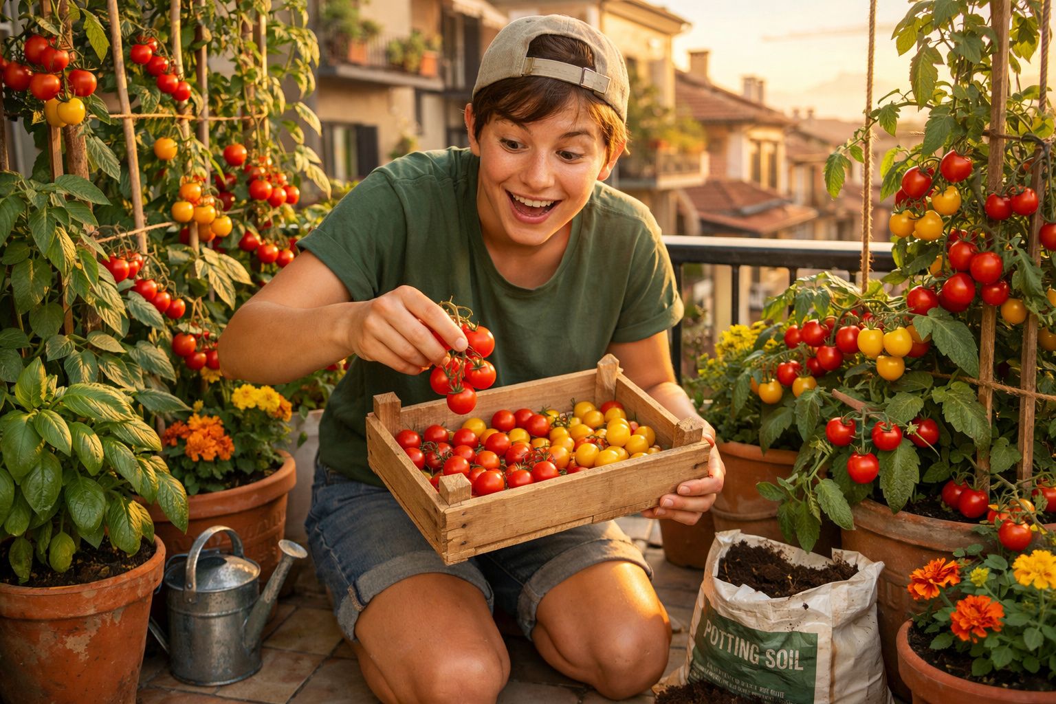 Jovem colhe tomates vermelhos e amarelos num vaso, rodeado de plantas e flores num terraço urbano.