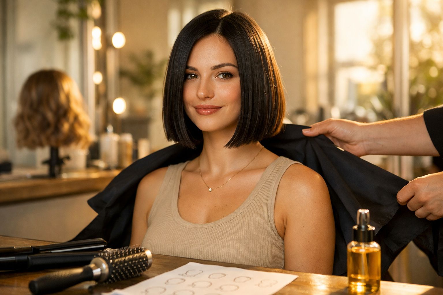 Mulher com cabelo curto e liso sentada num salão de beleza a receber uma capa preta.