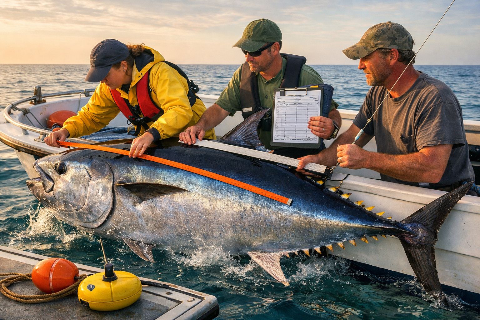 Três pescadores medem e registam um atum gigante num barco no mar ao pôr do sol.