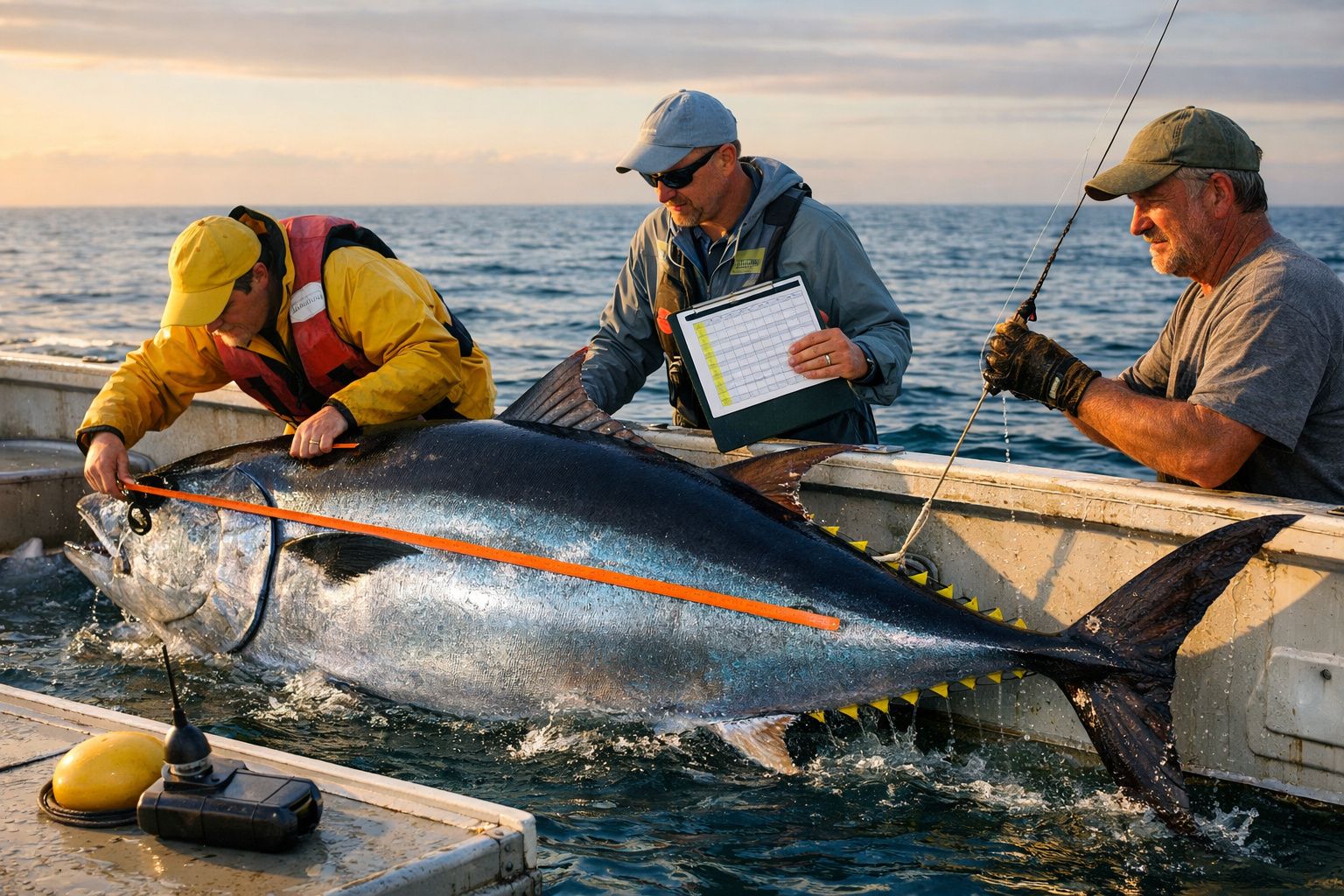 Três pescadores medem e registam um atum gigante numa embarcação ao pôr do sol no mar.