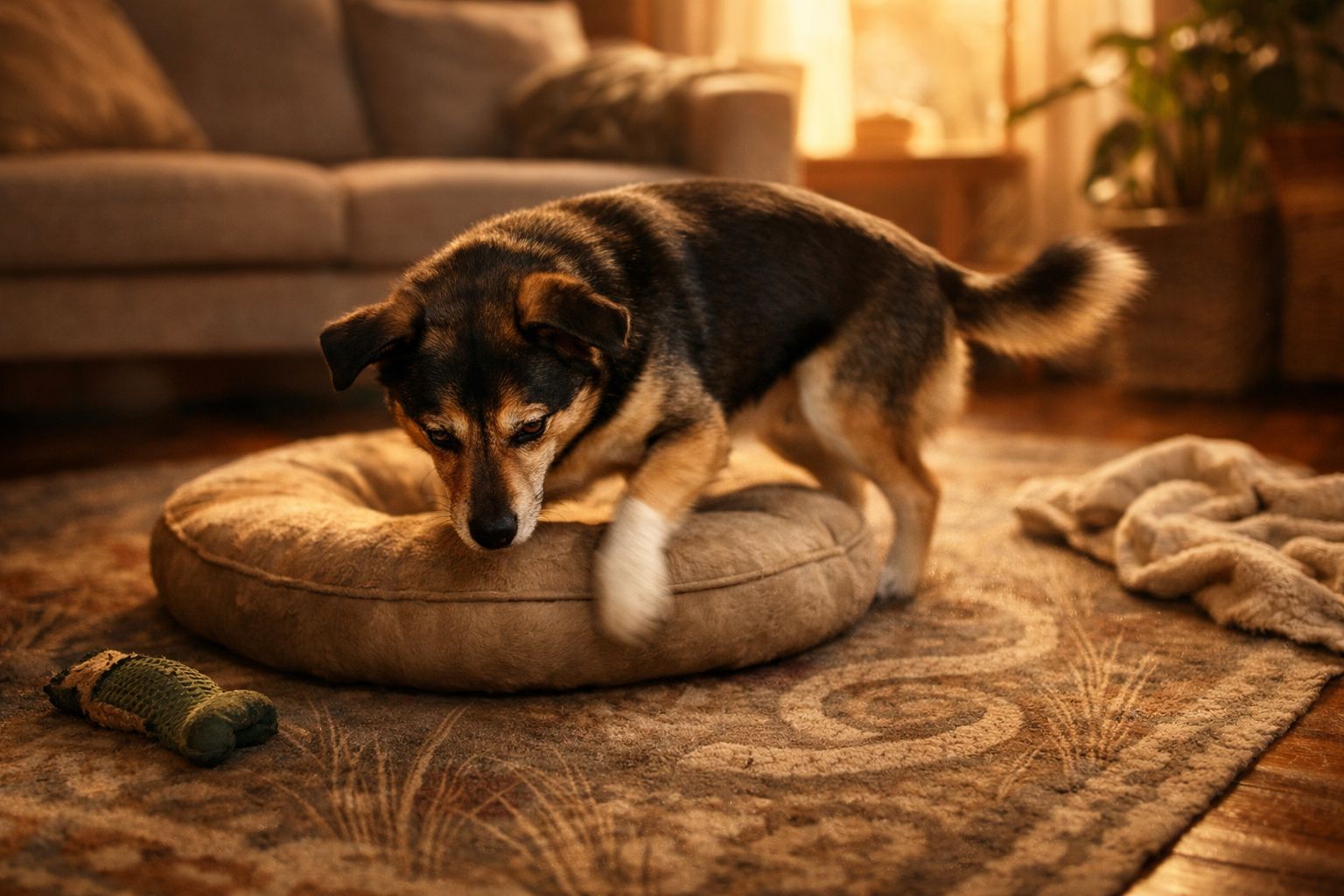 Cão castanho e preto a pousar a pata numa almofada redonda num tapete em sala acolhedora.
