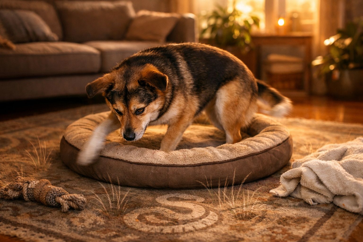 Cão castanho e preto a mexer numa cama macia dentro de casa, com brinquedo e manta perto.