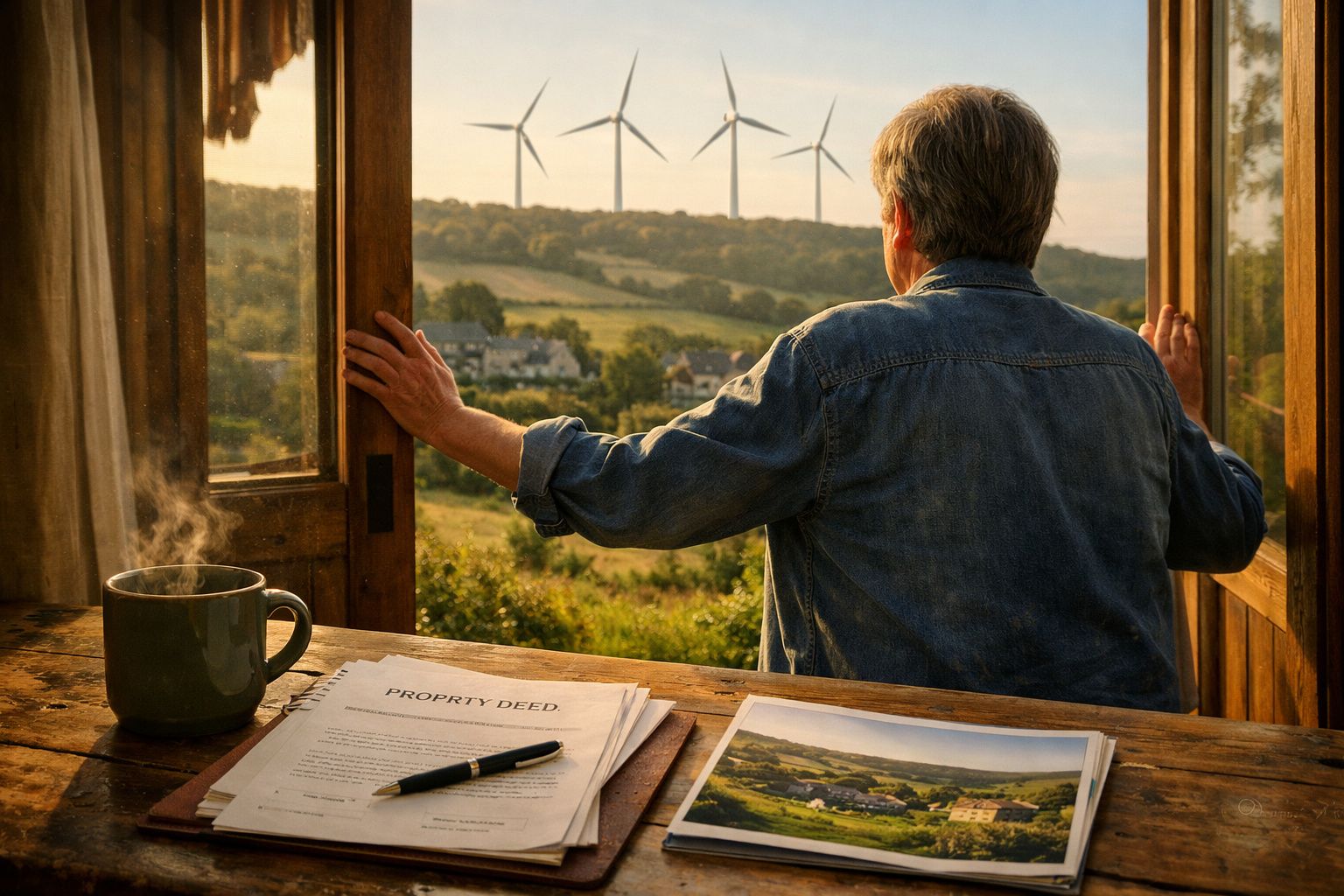 Pessoa de costas a abrir porta de madeira com vista para turbinas eólicas e paisagem rural ao pôr do sol.