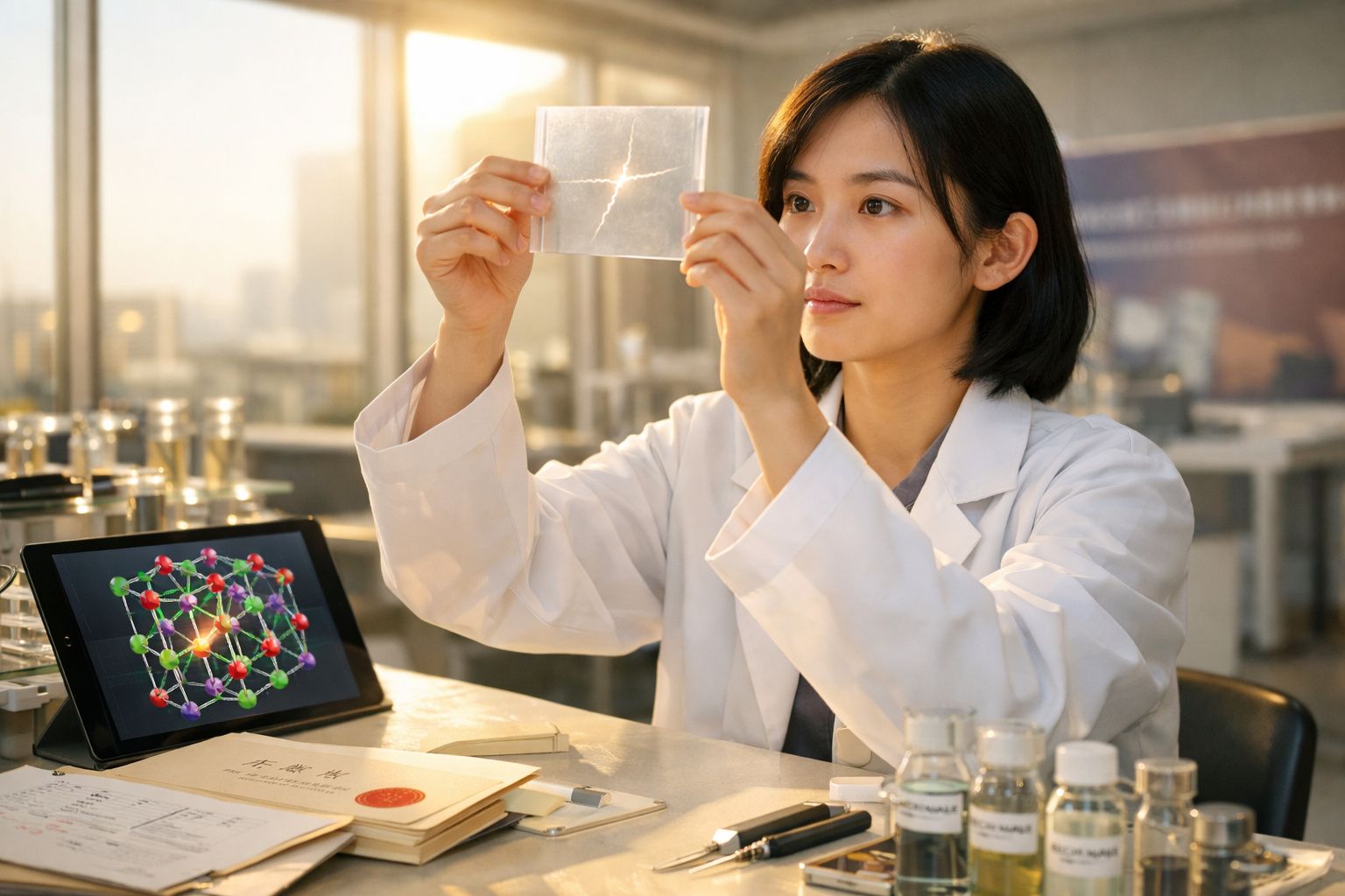 Cientista a analisar amostra transparente, com esquema molecular num tablet ao lado, num laboratório iluminado.