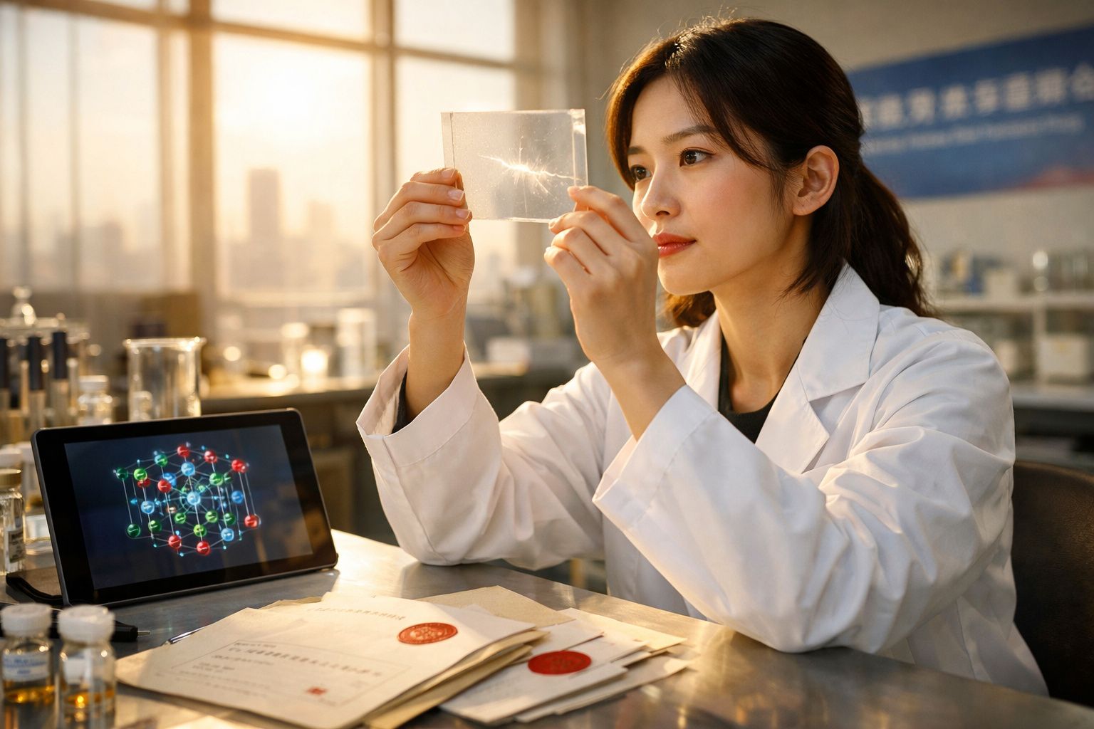 Cientista em bata branca analisa amostra transparente em laboratório com equipamento digital ao fundo.