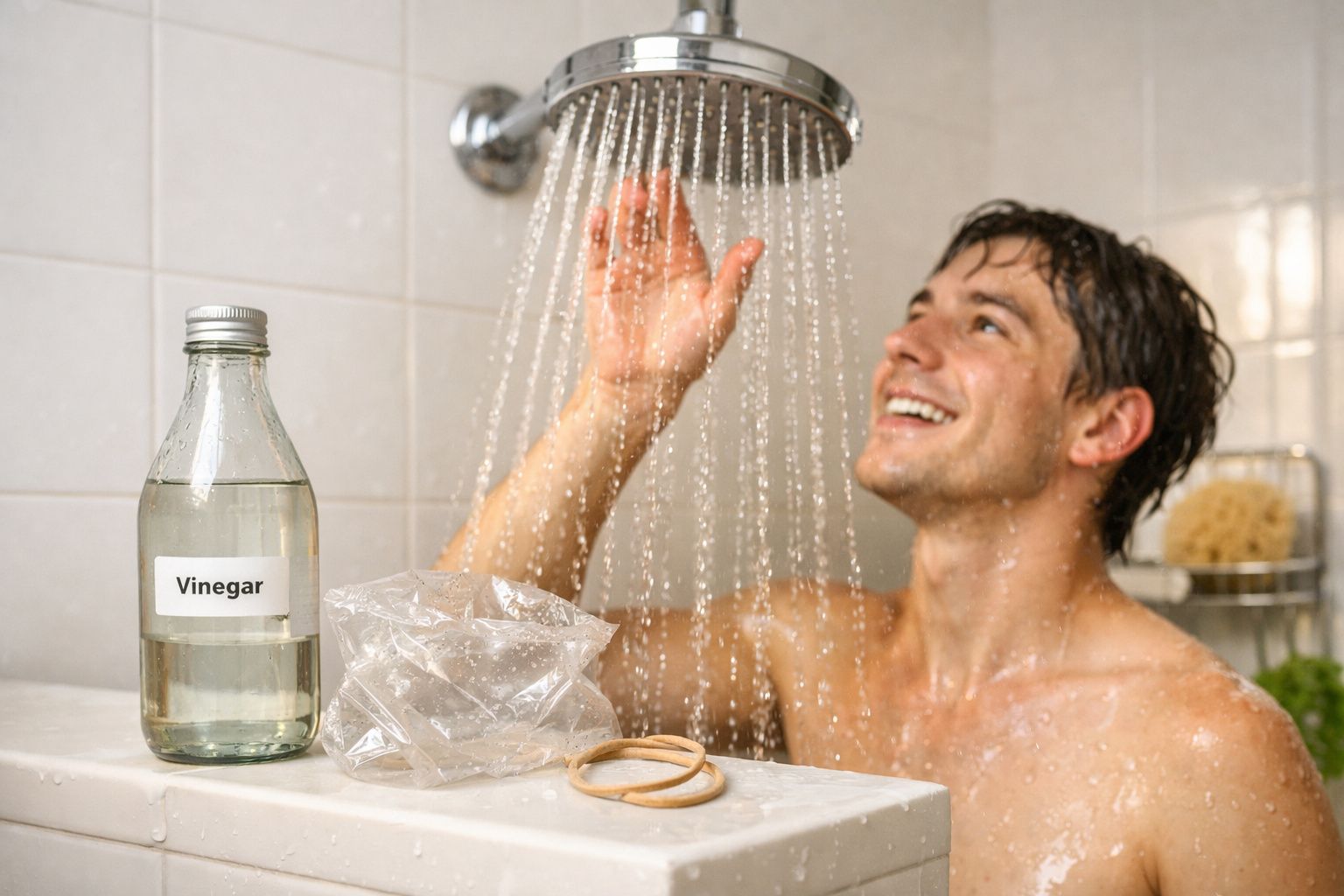 Homem sorridente na duche a sentir a água enquanto um líquido em garrafa rotulada como vinagre está no primeiro plano.